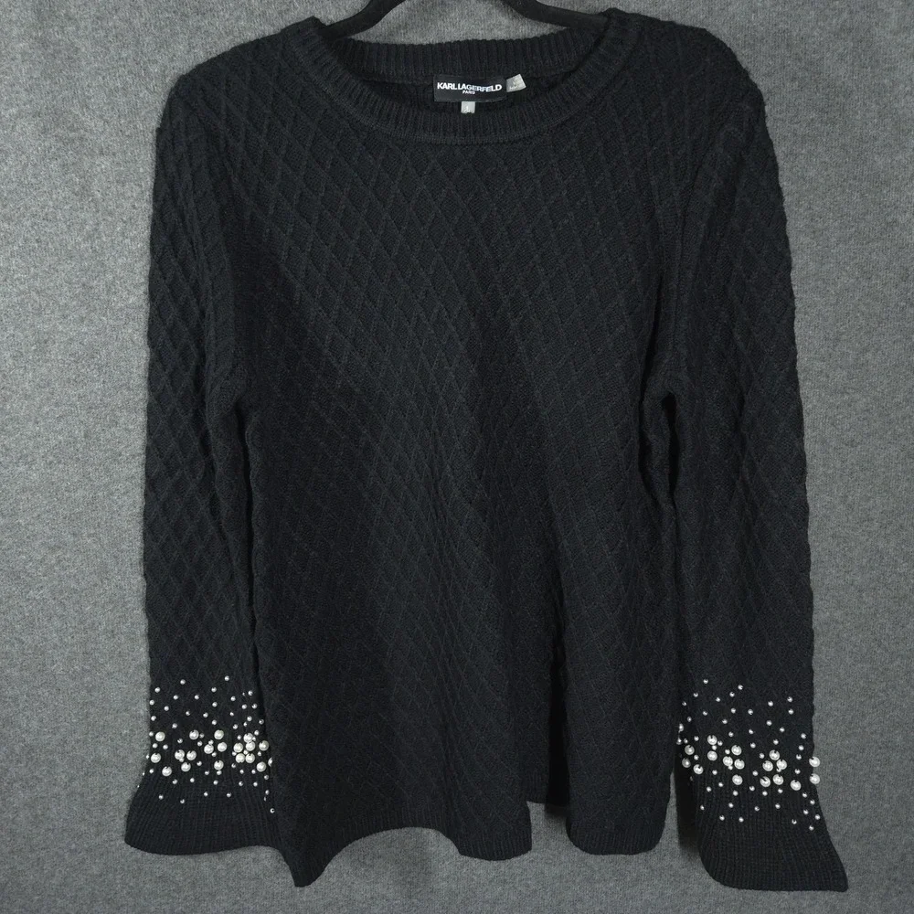 Karl Lagerfeld Paris Black Diamond Knit Pearl Embellished‎ Sweater Womens Size S
